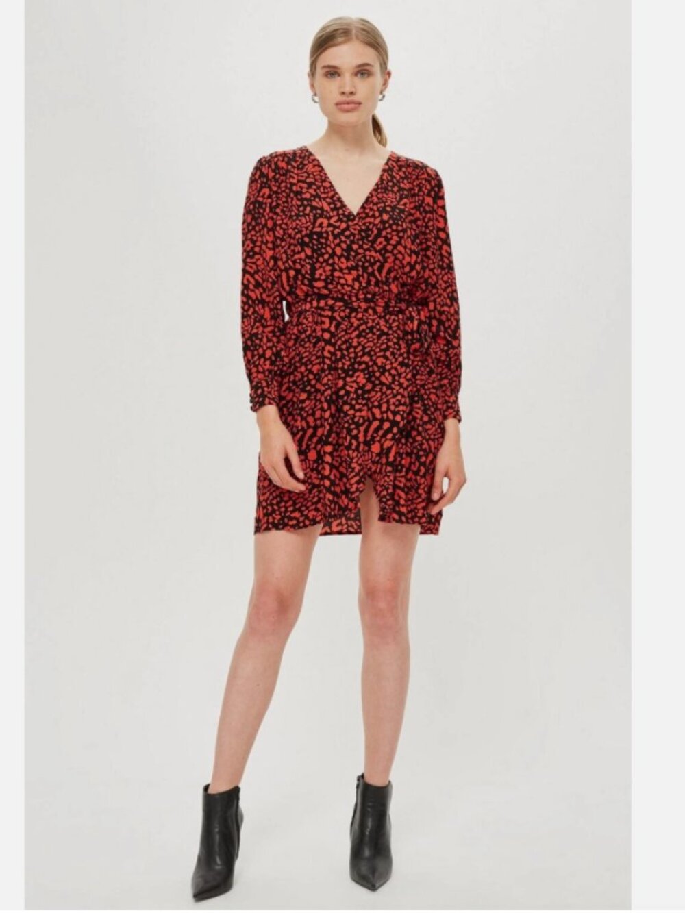 Topshop • Red Leopard Prind Wrap Mini Dress - Picture 3 of 10